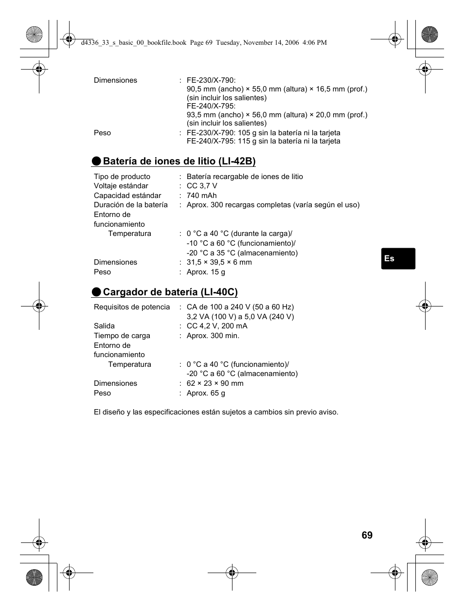 Batería de iones de litio (li-42b), Cargador de batería (li-40c) | Olympus FE-240 User Manual | Page 69 / 100