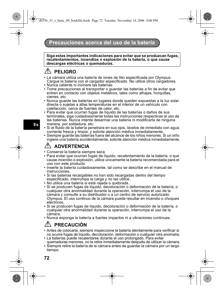 Precauciones acerca del uso de la batería, Peligro, Advertencia | Precaución | Olympus FE-240 User Manual | Page 72 / 100