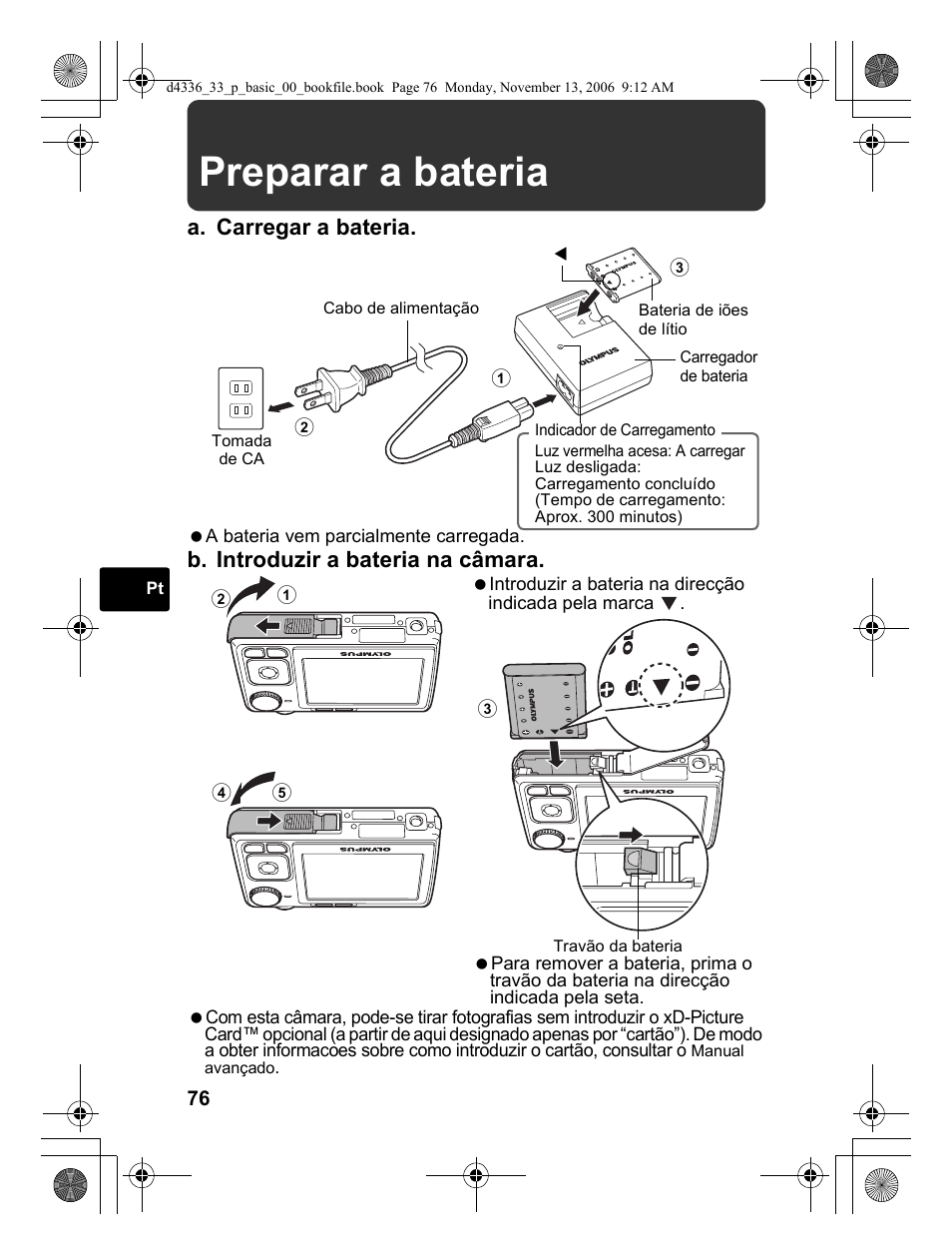 Preparar a bateria, A. carregar a bateria, B. introduzir a bateria na câmara | Olympus FE-240 User Manual | Page 76 / 100