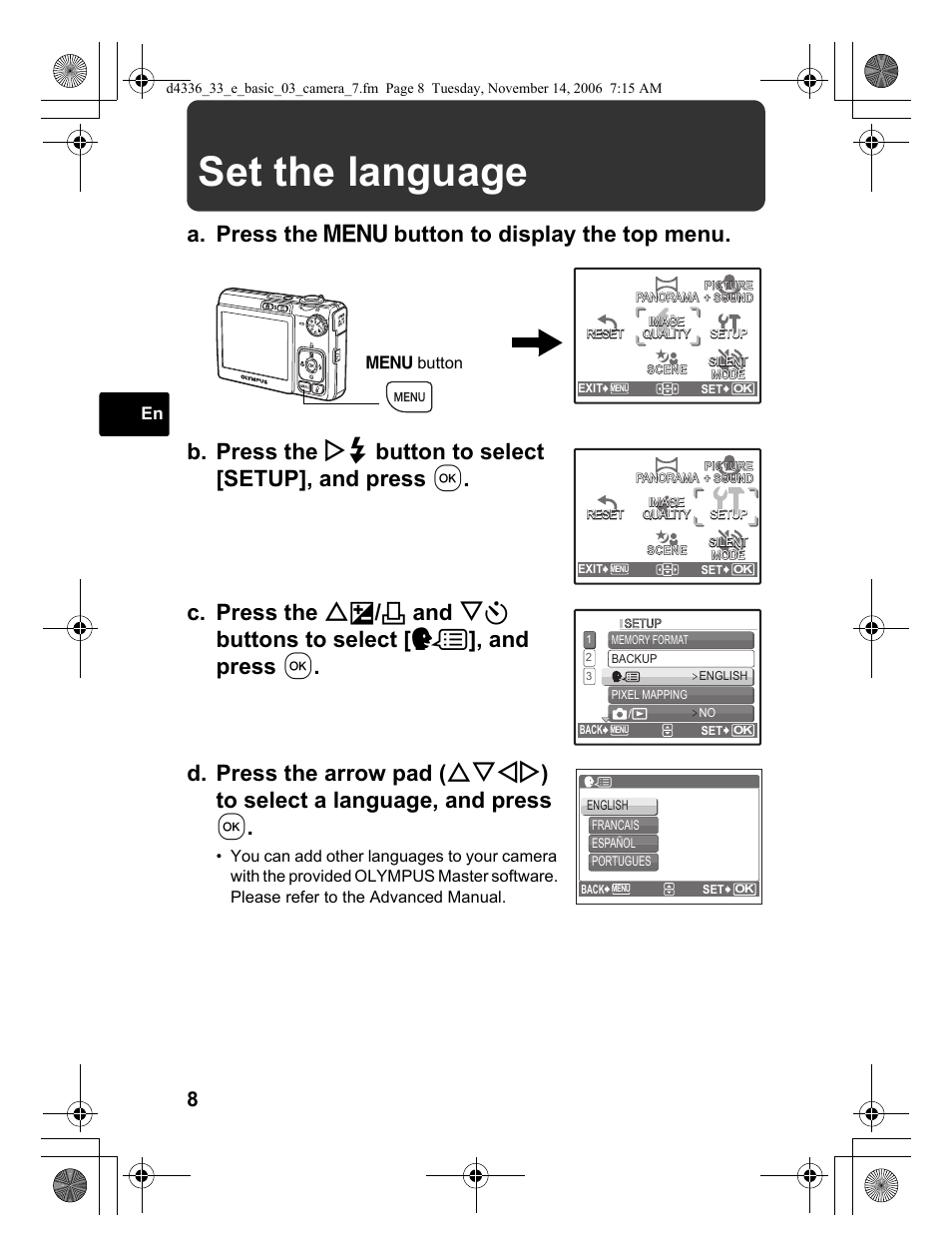 Set the language | Olympus FE-240 User Manual | Page 8 / 100