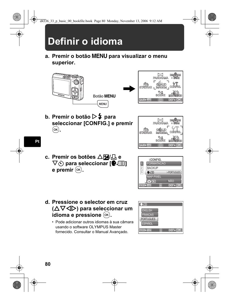 Definir o idioma | Olympus FE-240 User Manual | Page 80 / 100