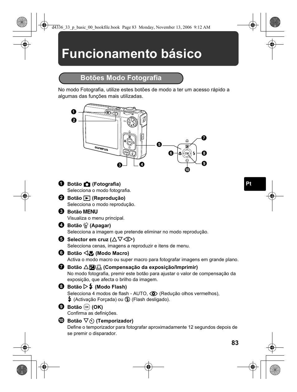 Funcionamento básico, Botões modo fotografia | Olympus FE-240 User Manual | Page 83 / 100