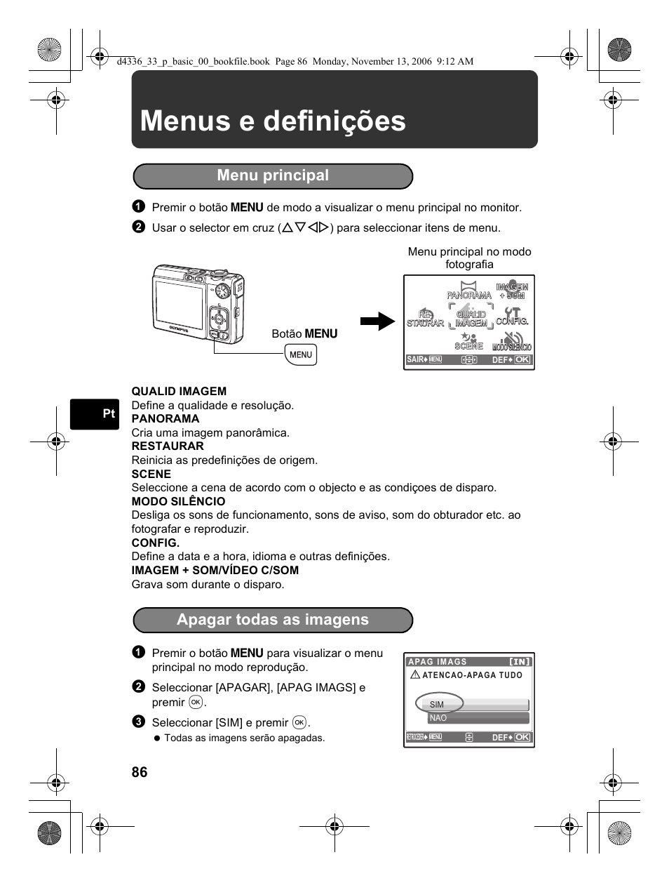 Menus e definições, Menu principal, Apagar todas as imagens | Olympus FE-240 User Manual | Page 86 / 100