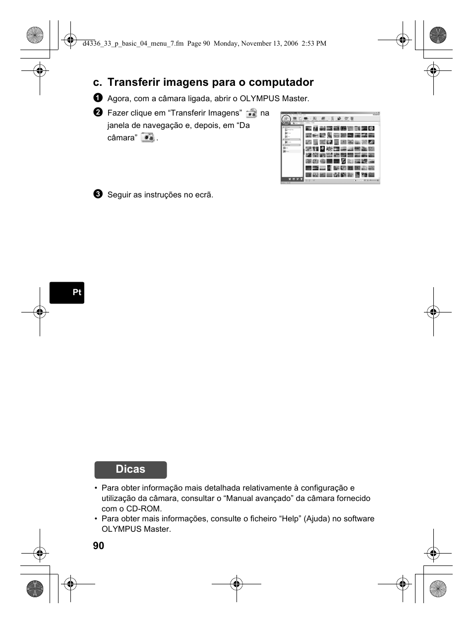 C. transferir imagens para o computador, Dicas | Olympus FE-240 User Manual | Page 90 / 100