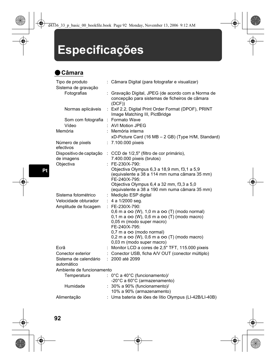 Especificações, Câmara | Olympus FE-240 User Manual | Page 92 / 100
