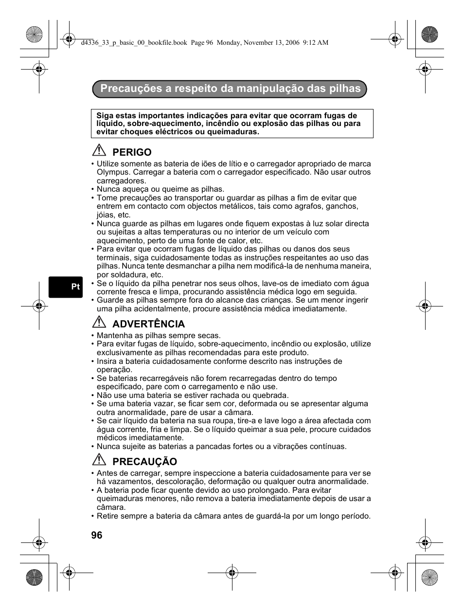 Precauções a respeito da manipulação das pilhas, Perigo, Advertência | Precaução | Olympus FE-240 User Manual | Page 96 / 100