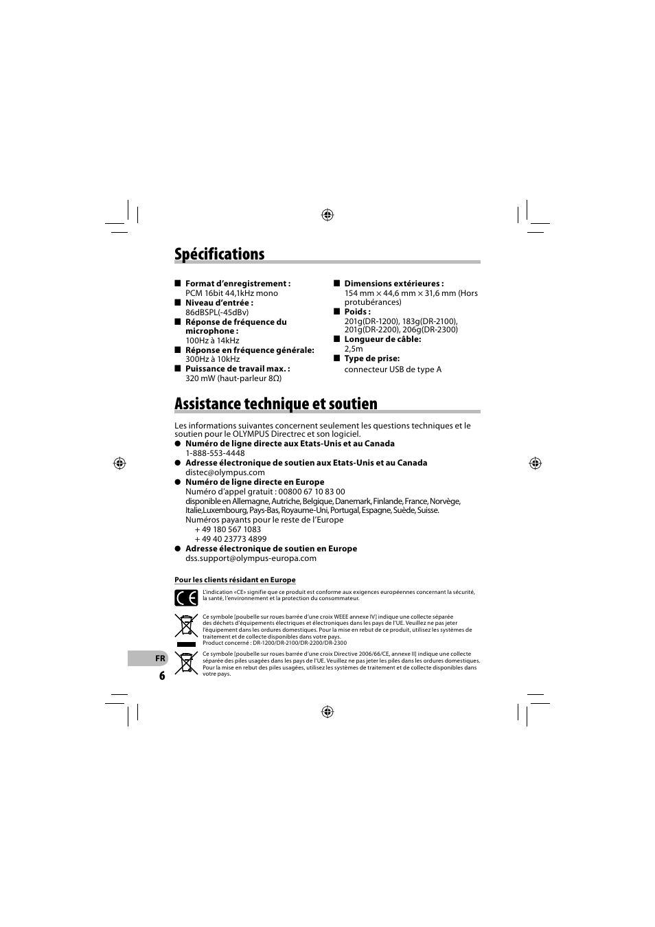 Spécifications, Assistance technique et soutien | Olympus DR-2300 User Manual | Page 12 / 64