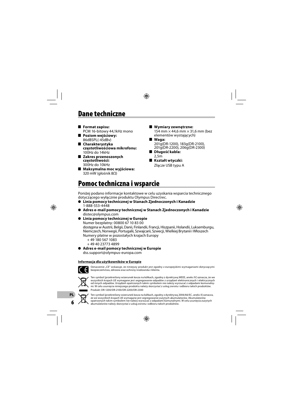 Dane techniczne, Pomoc techniczna i wsparcie | Olympus DR-2300 User Manual | Page 54 / 64