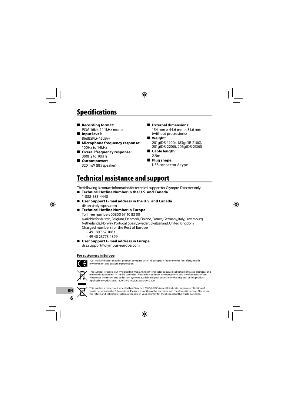 Specifications, Technical assistance and support | Olympus DR-2300 User Manual | Page 6 / 64