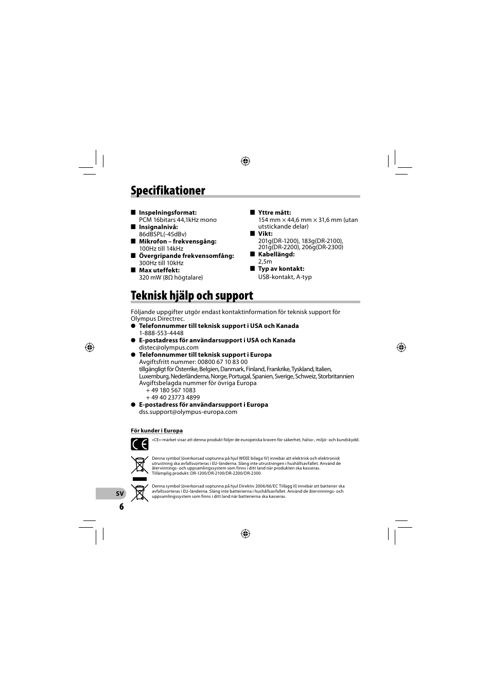 Specifikationer, Teknisk hjälp och support | Olympus DR-2300 User Manual | Page 60 / 64