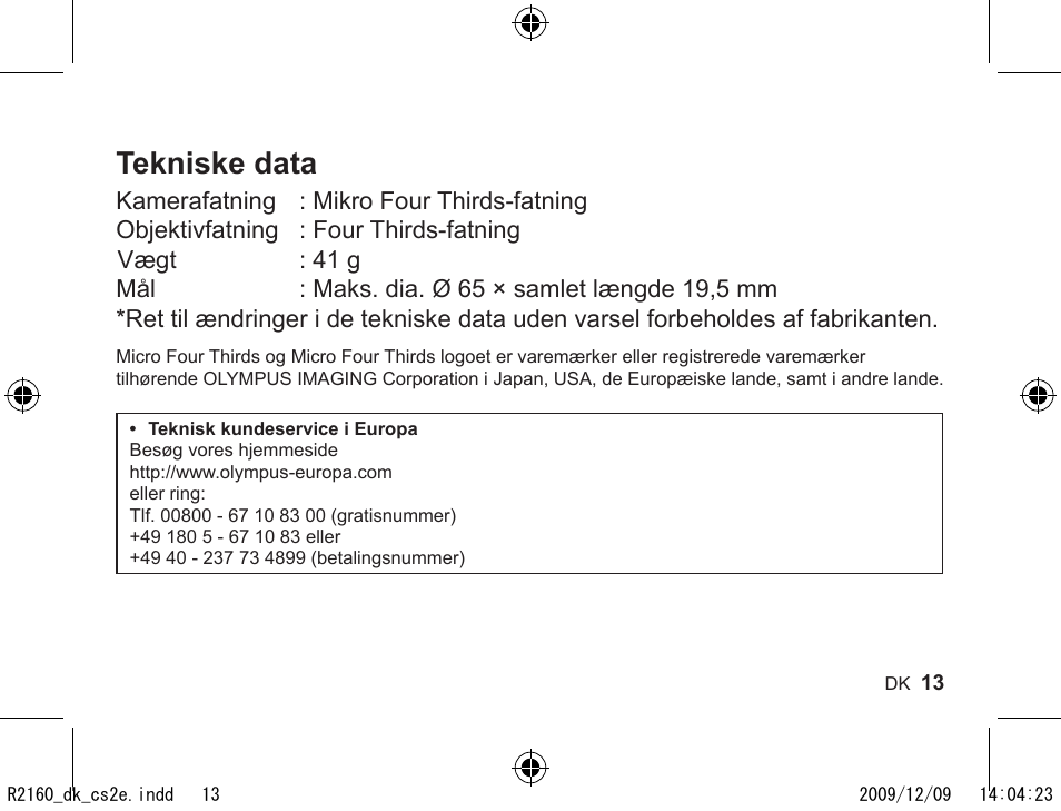 Tekniske data | Olympus MMF-2 User Manual | Page 11 / 66