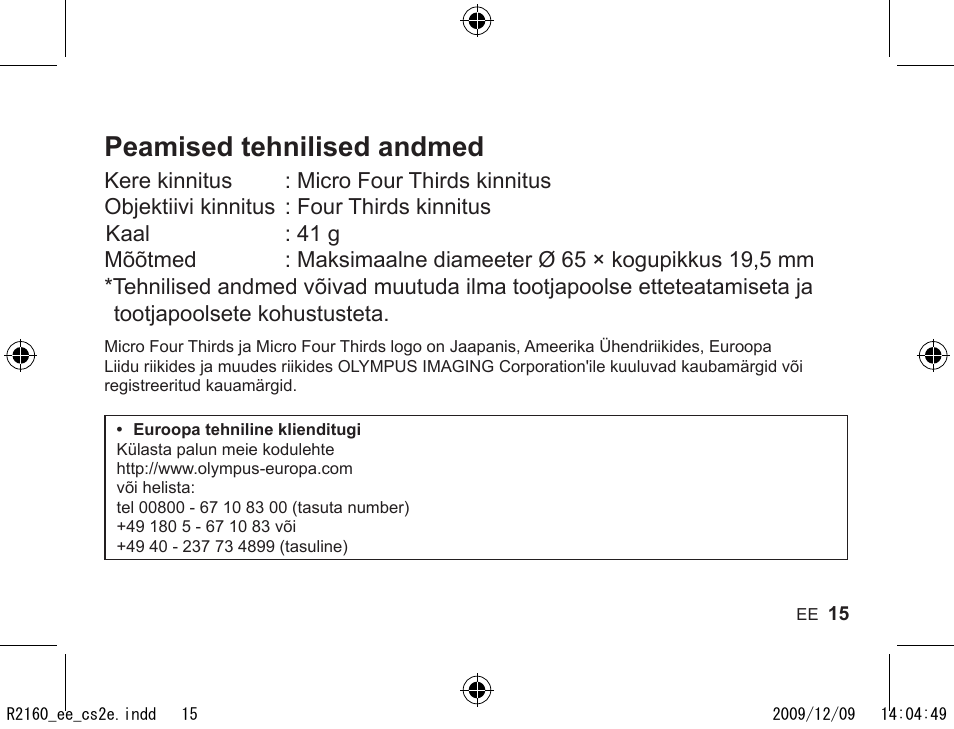 Peamised tehnilised andmed | Olympus MMF-2 User Manual | Page 13 / 66