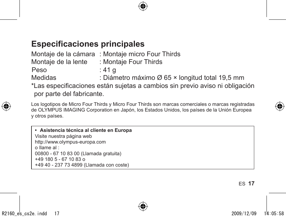 Especificaciones principales | Olympus MMF-2 User Manual | Page 15 / 66