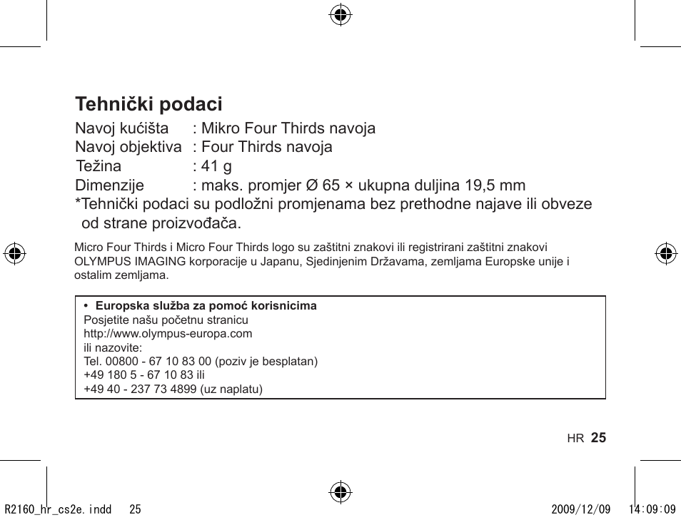 Tehnički podaci | Olympus MMF-2 User Manual | Page 23 / 66