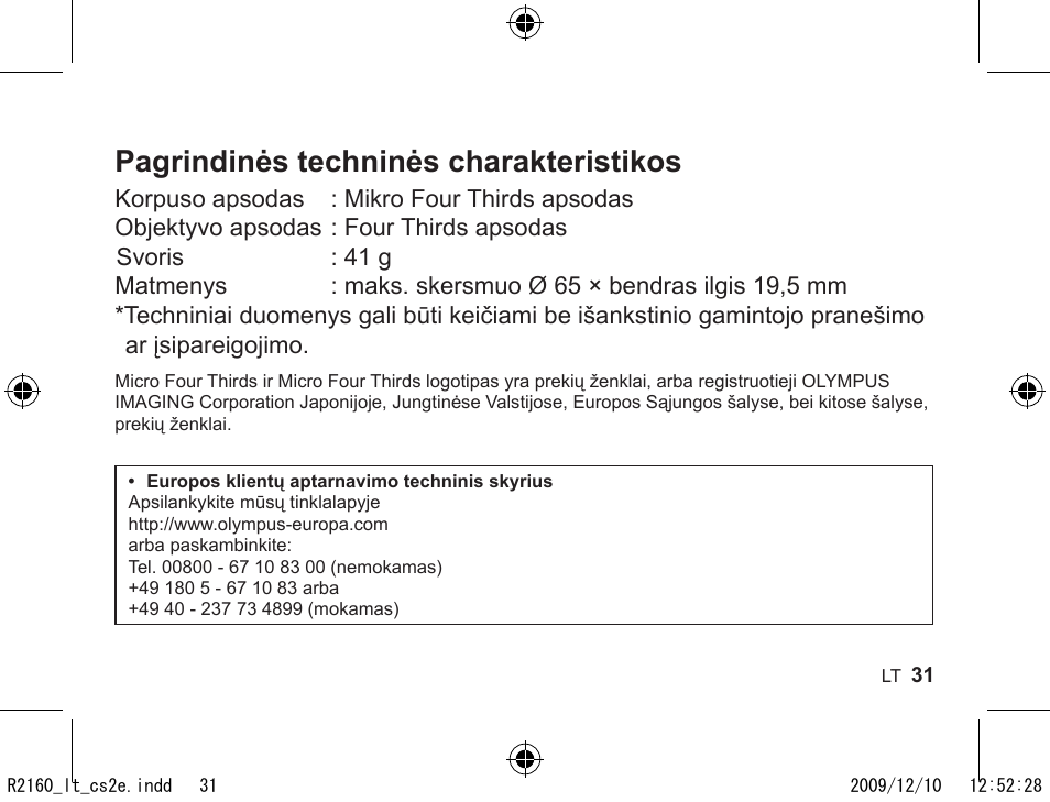 Pagrindinės techninės charakteristikos | Olympus MMF-2 User Manual | Page 29 / 66