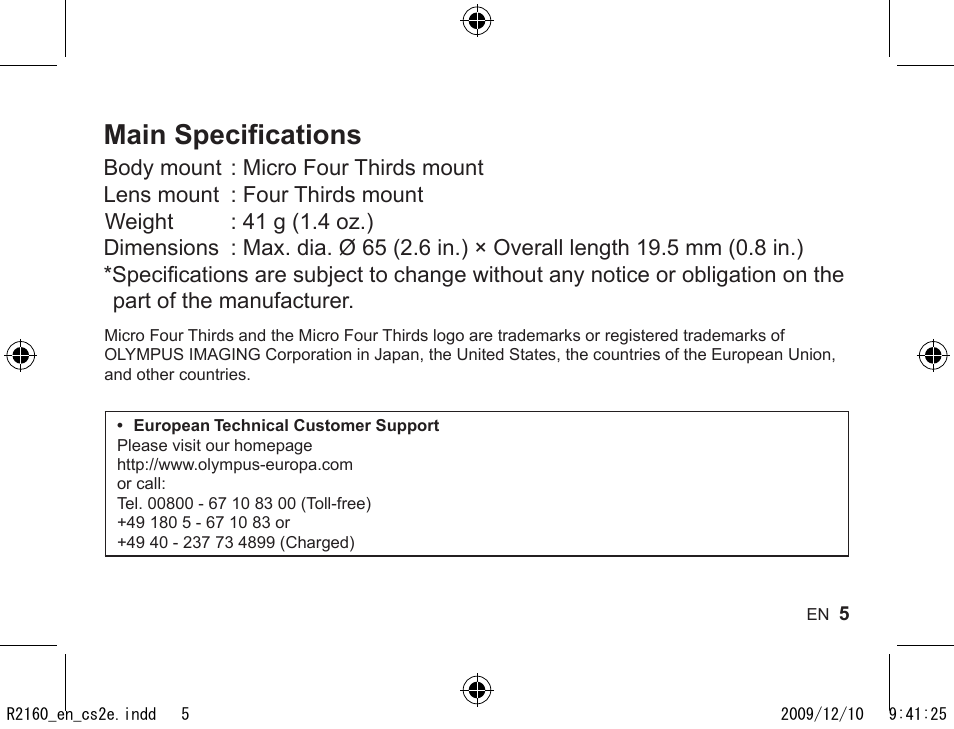 R2098_en_cs2e.pdf, Main specifications | Olympus MMF-2 User Manual | Page 3 / 66