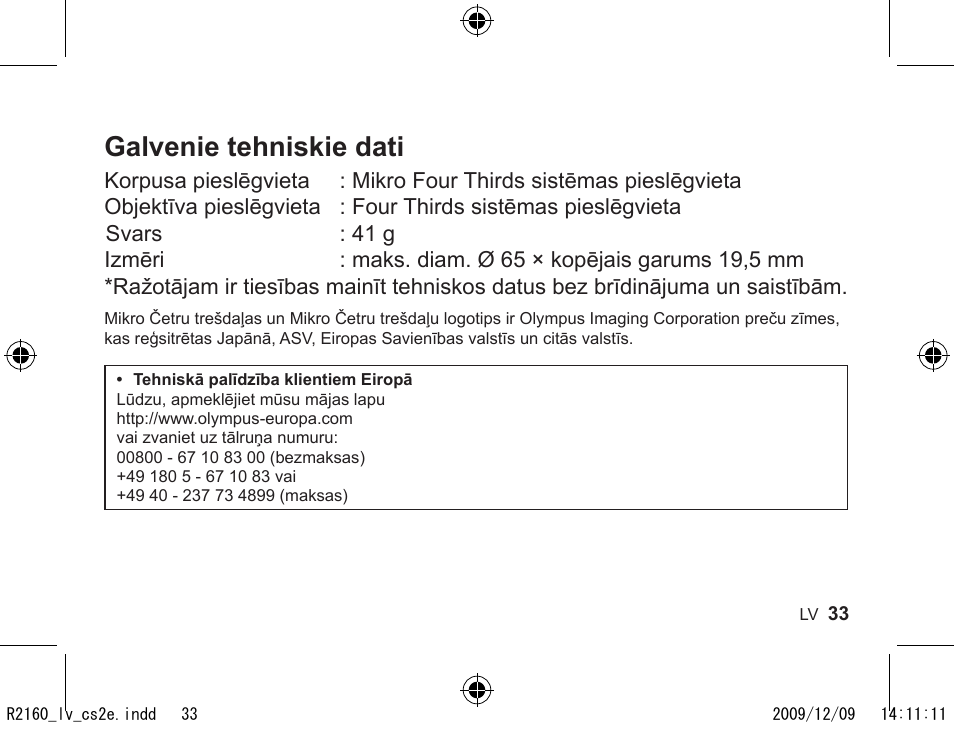 Galvenie tehniskie dati | Olympus MMF-2 User Manual | Page 31 / 66