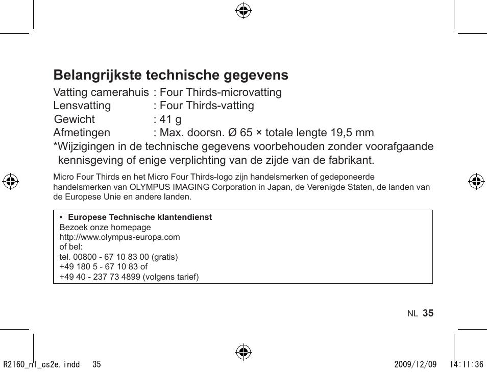 Belangrijkste technische gegevens | Olympus MMF-2 User Manual | Page 33 / 66