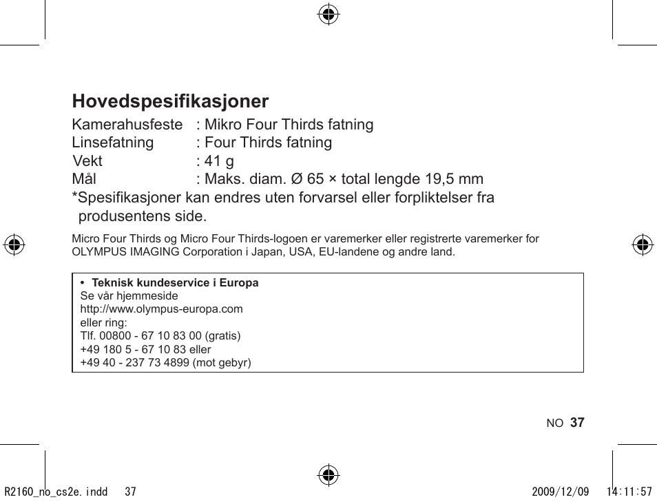 Hovedspesifikasjoner | Olympus MMF-2 User Manual | Page 35 / 66