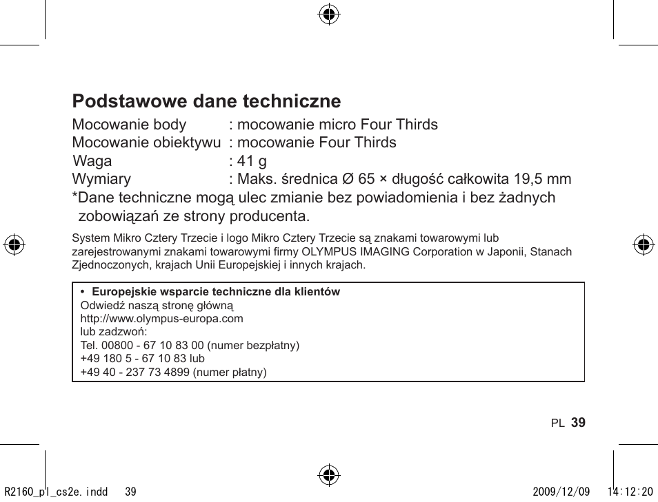 Podstawowe dane techniczne | Olympus MMF-2 User Manual | Page 37 / 66