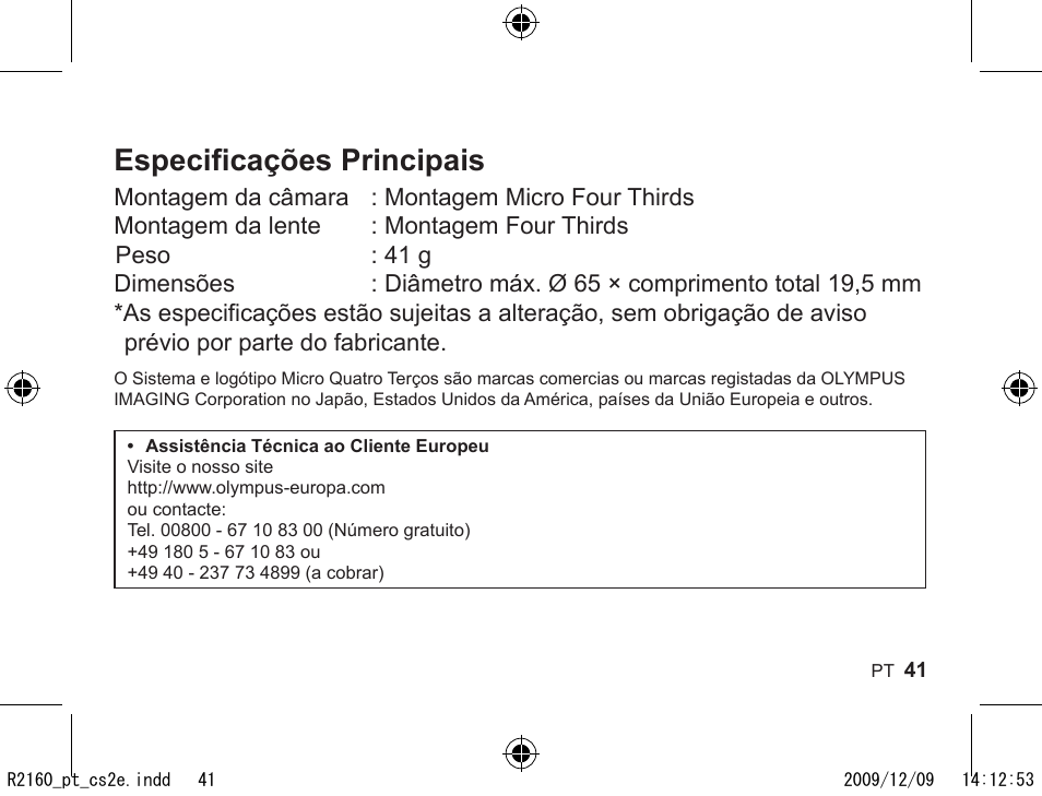 Especificações principais | Olympus MMF-2 User Manual | Page 39 / 66