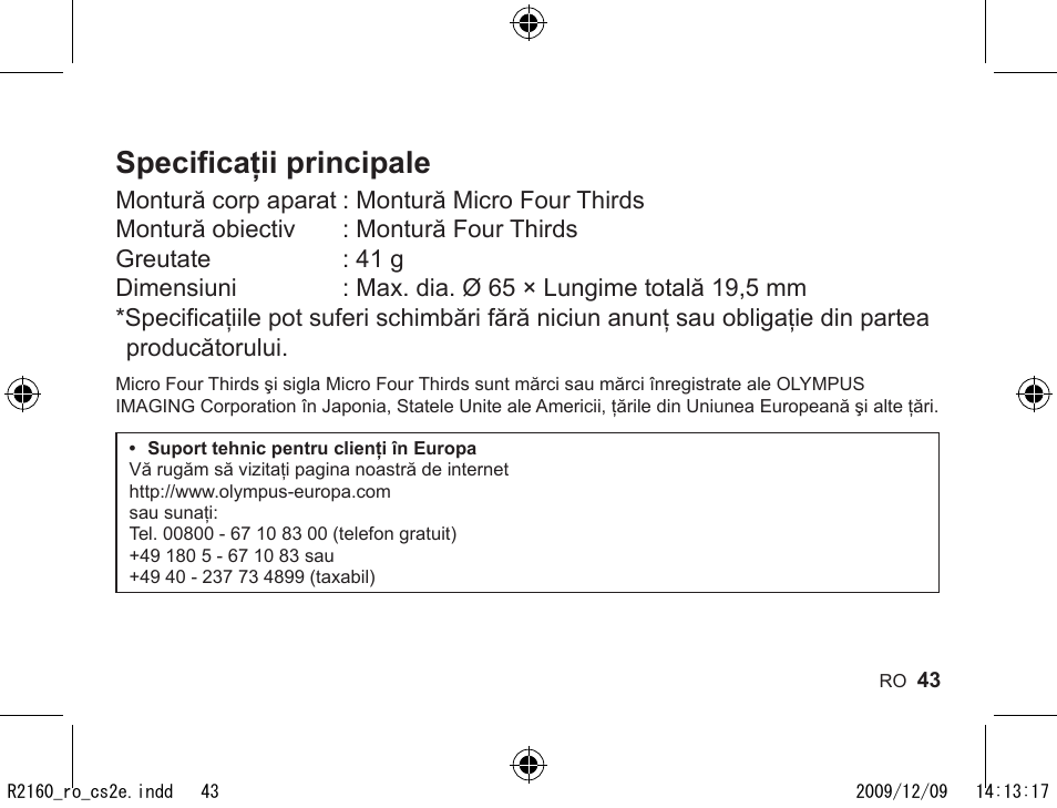 Specificaţii principale | Olympus MMF-2 User Manual | Page 41 / 66