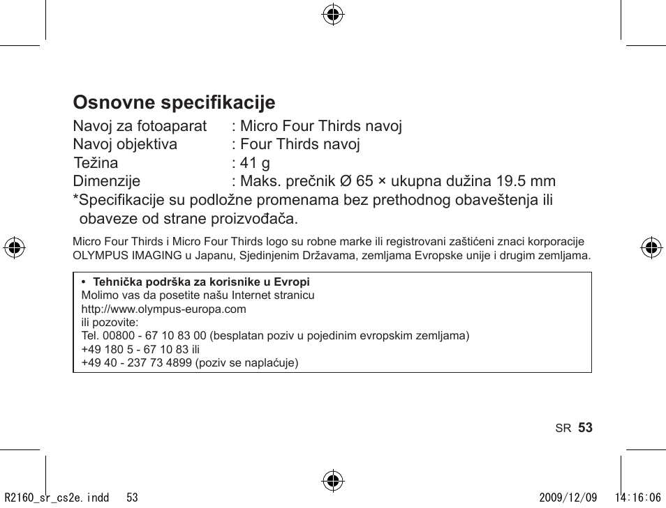 Osnovne specifikacije | Olympus MMF-2 User Manual | Page 51 / 66