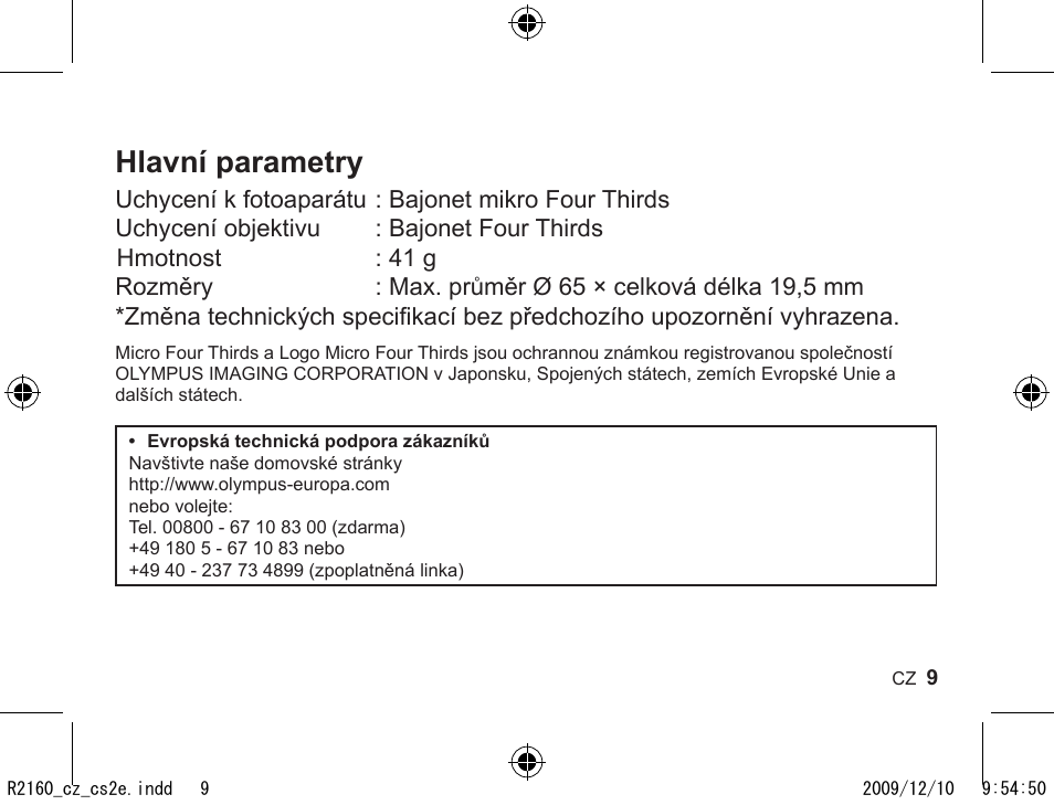 Hlavní parametry | Olympus MMF-2 User Manual | Page 7 / 66