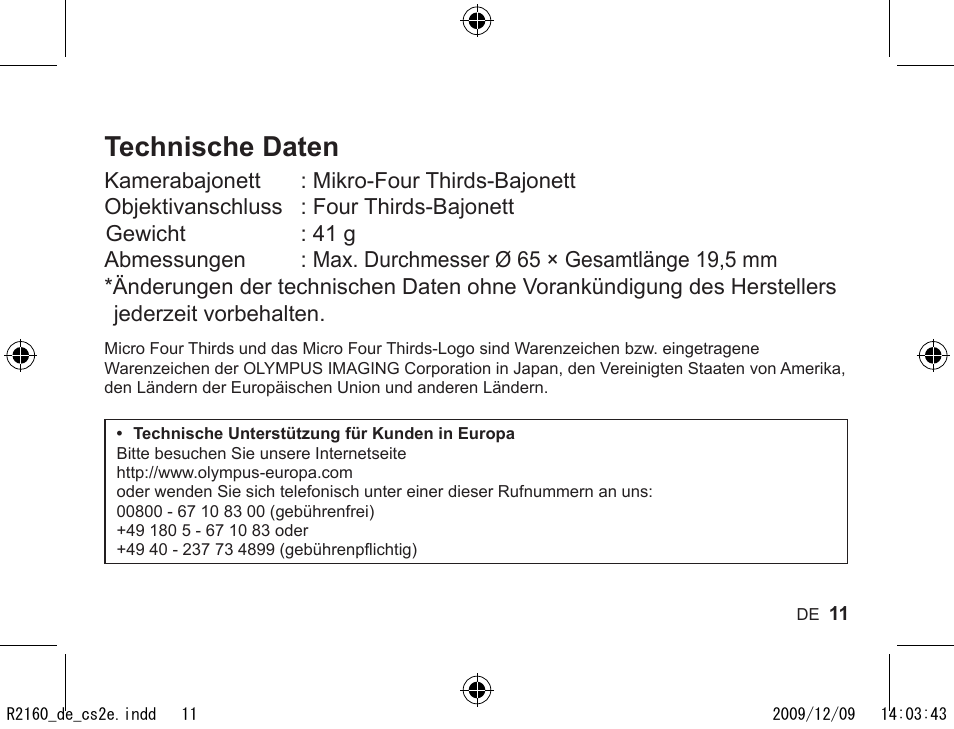 Technische daten | Olympus MMF-2 User Manual | Page 9 / 66