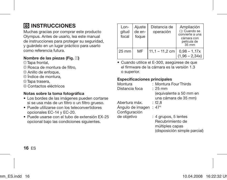 Instrucciones | Olympus ZUIKO DIGITAL 25mm 1:2.8 Pancake User Manual | Page 14 / 58