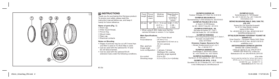Instructions | Olympus ZUIKO DIGITAL 25mm 1:2.8 Pancake User Manual | Page 2 / 58