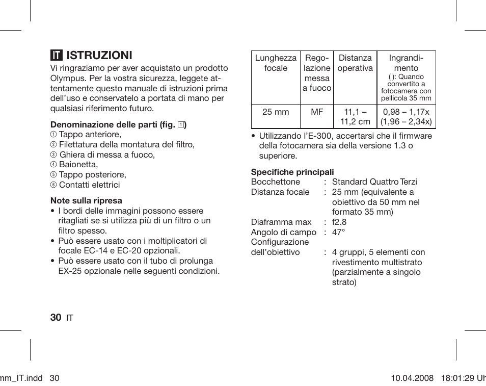 Istruzioni | Olympus ZUIKO DIGITAL 25mm 1:2.8 Pancake User Manual | Page 28 / 58