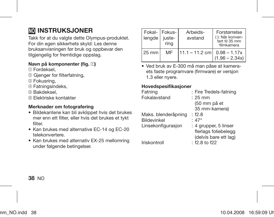 Instruksjoner | Olympus ZUIKO DIGITAL 25mm 1:2.8 Pancake User Manual | Page 36 / 58
