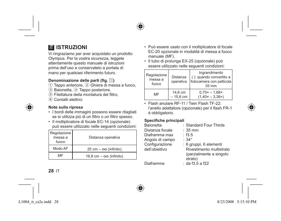 Istruzioni | Olympus ZUIKO DIGITAL 35mm Makro 1:3.5 User Manual | Page 26 / 58