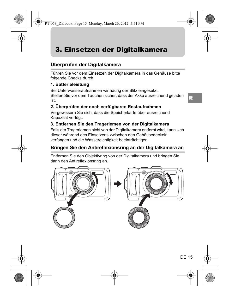 Einsetzen der digitalkamera | Olympus PT-053 User Manual | Page 105 / 211