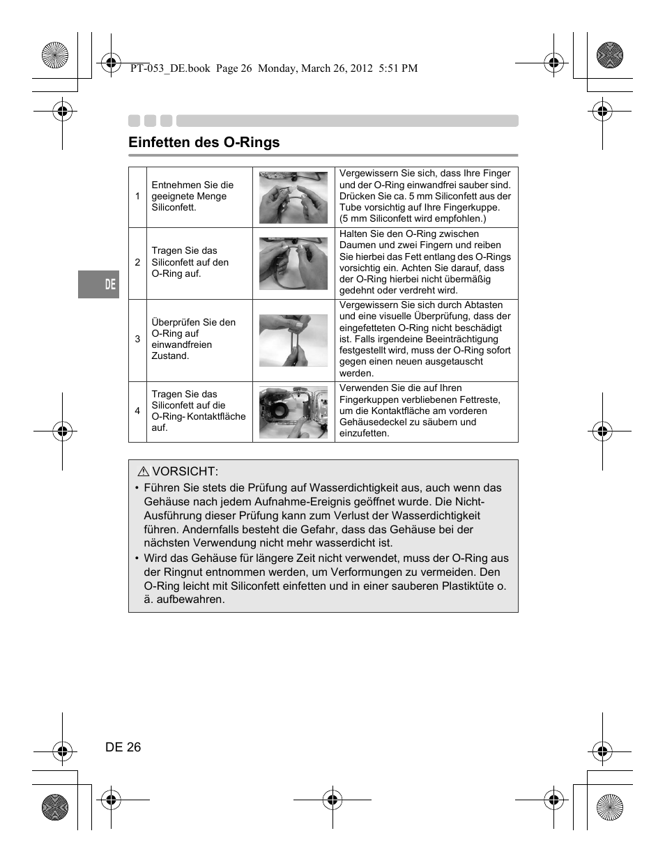 Einfetten des o-rings | Olympus PT-053 User Manual | Page 116 / 211