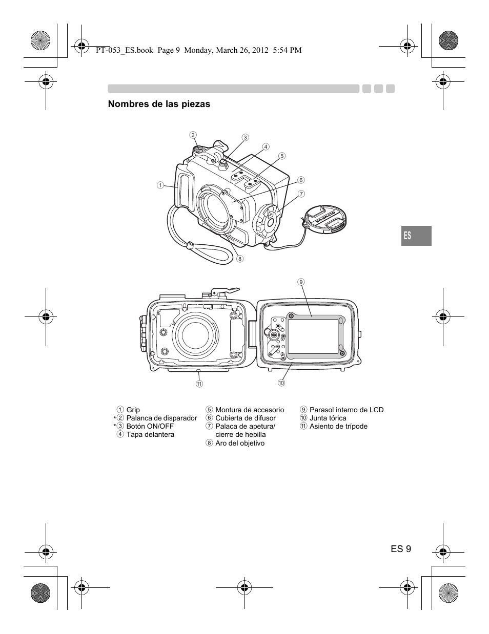 Es 9, Nombres de las piezas | Olympus PT-053 User Manual | Page 129 / 211