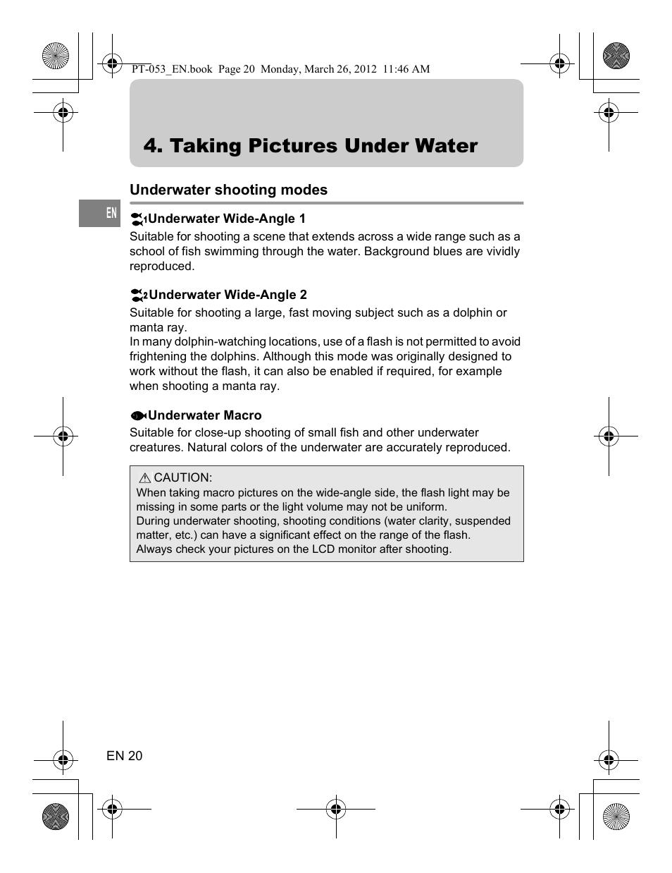 Taking pictures under water | Olympus PT-053 User Manual | Page 50 / 211