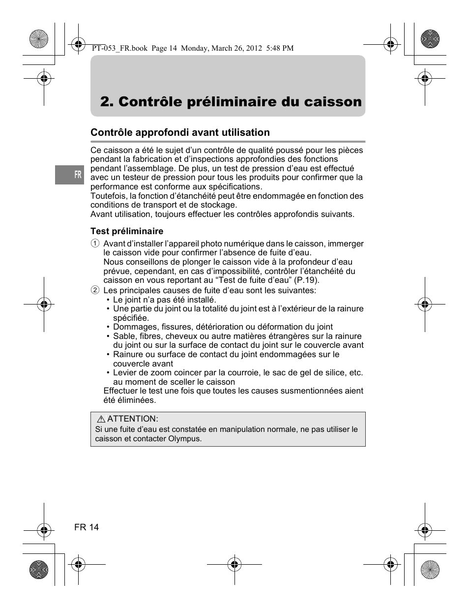Contrôle préliminaire du caisson | Olympus PT-053 User Manual | Page 74 / 211