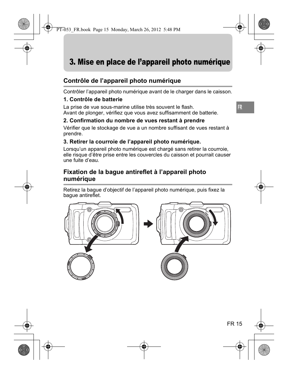 Mise en place de l’appareil photo numérique | Olympus PT-053 User Manual | Page 75 / 211