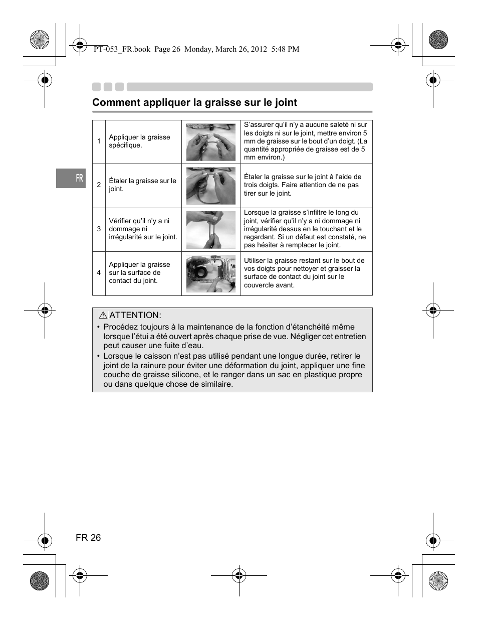 Comment appliquer la graisse sur le joint | Olympus PT-053 User Manual | Page 86 / 211