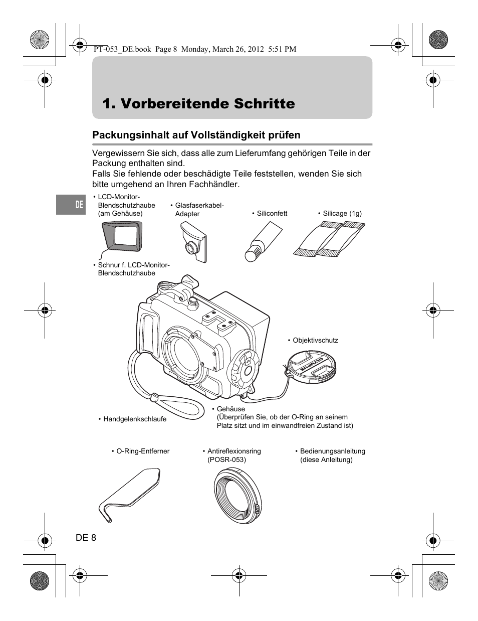 Vorbereitende schritte, Packungsinhalt auf vollständigkeit prüfen | Olympus PT-053 User Manual | Page 98 / 211