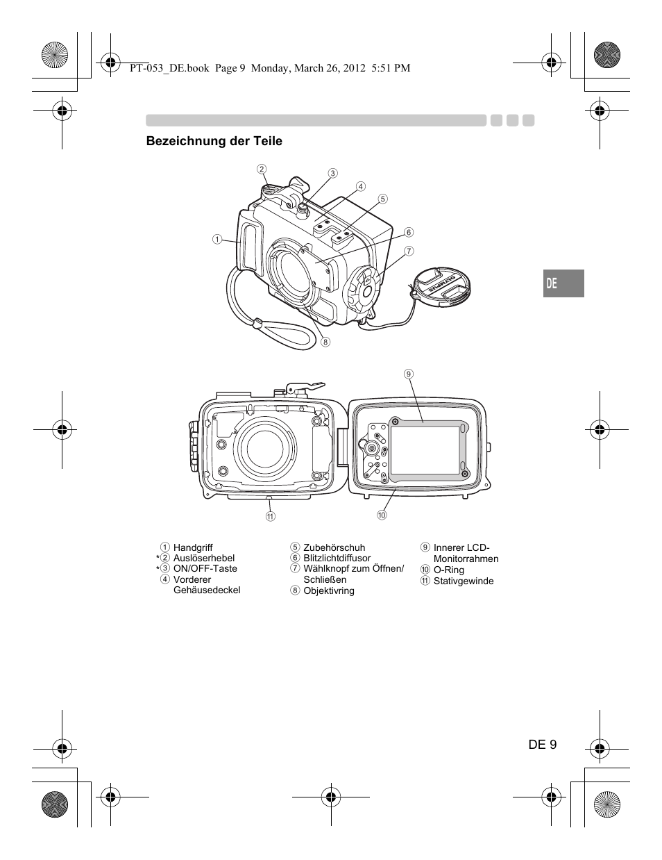 De 9, Bezeichnung der teile | Olympus PT-053 User Manual | Page 99 / 211