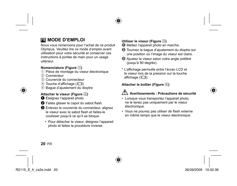 Fr mode d’emploi | Olympus VF-2 User Manual | Page 18 / 66