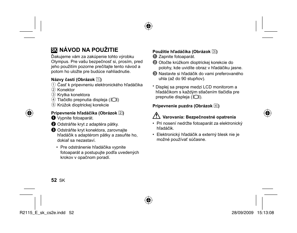 Sk návod na použitie | Olympus VF-2 User Manual | Page 50 / 66