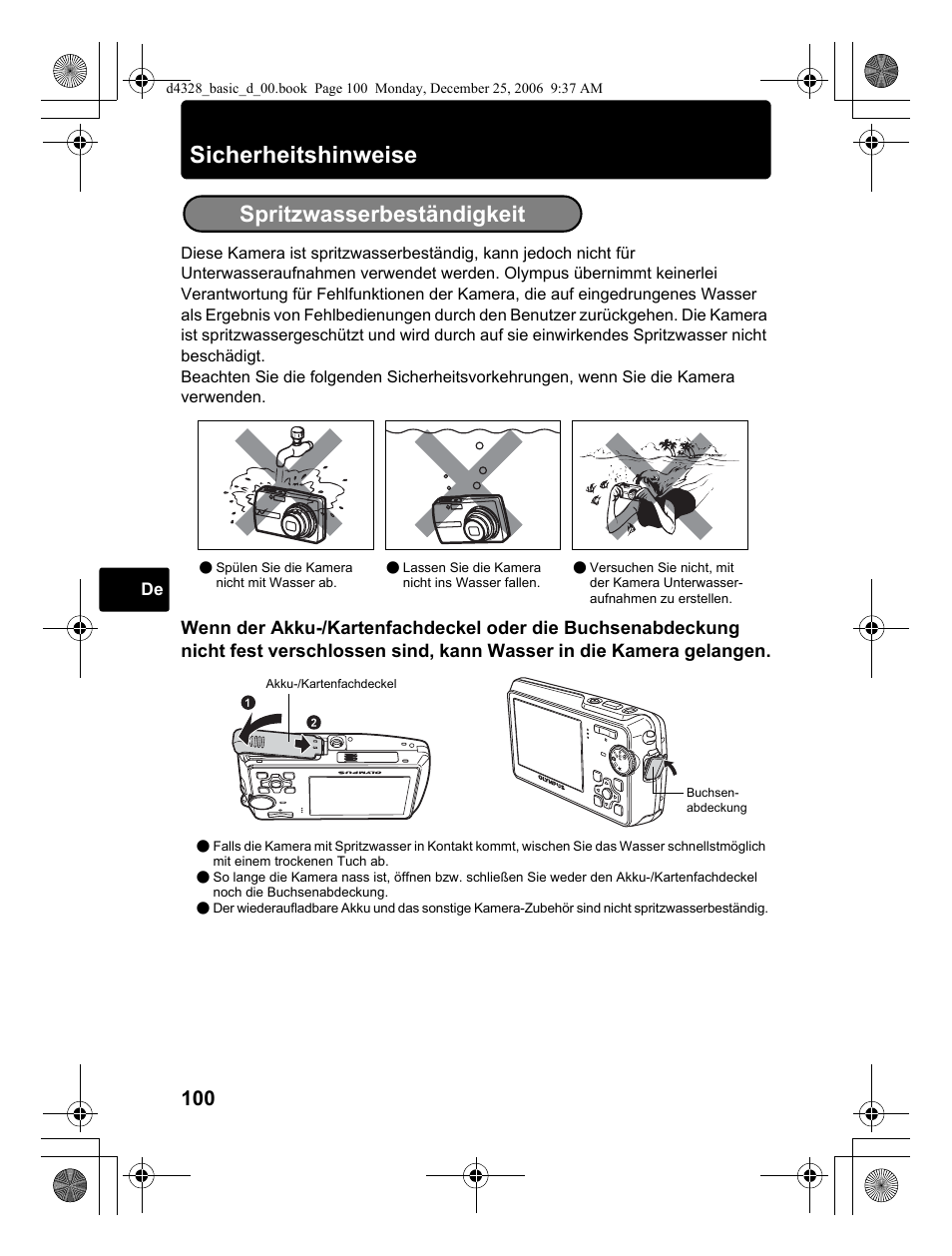 Sicherheitshinweise, Spritzwasserbeständigkeit | Olympus µ 760 User Manual | Page 100 / 132