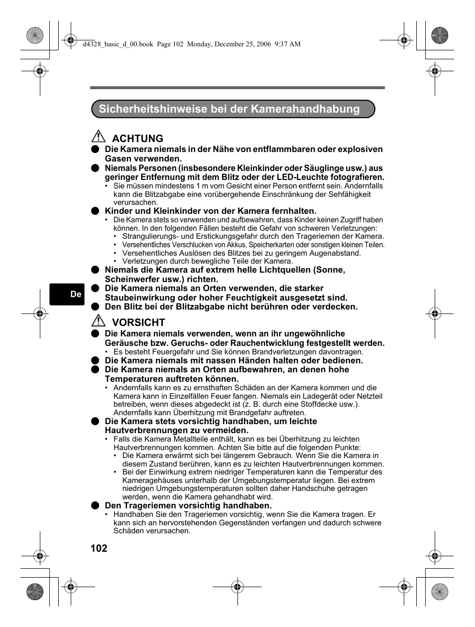 Sicherheitshinweise bei der kamerahandhabung, Achtung, Vorsicht | Olympus µ 760 User Manual | Page 102 / 132