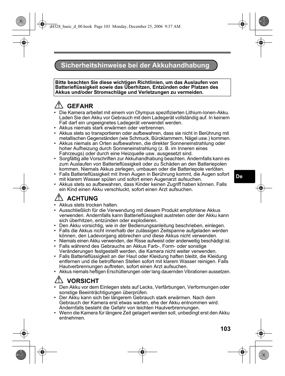 Sicherheitshinweise bei der akkuhandhabung, Gefahr, Achtung | Vorsicht | Olympus µ 760 User Manual | Page 103 / 132