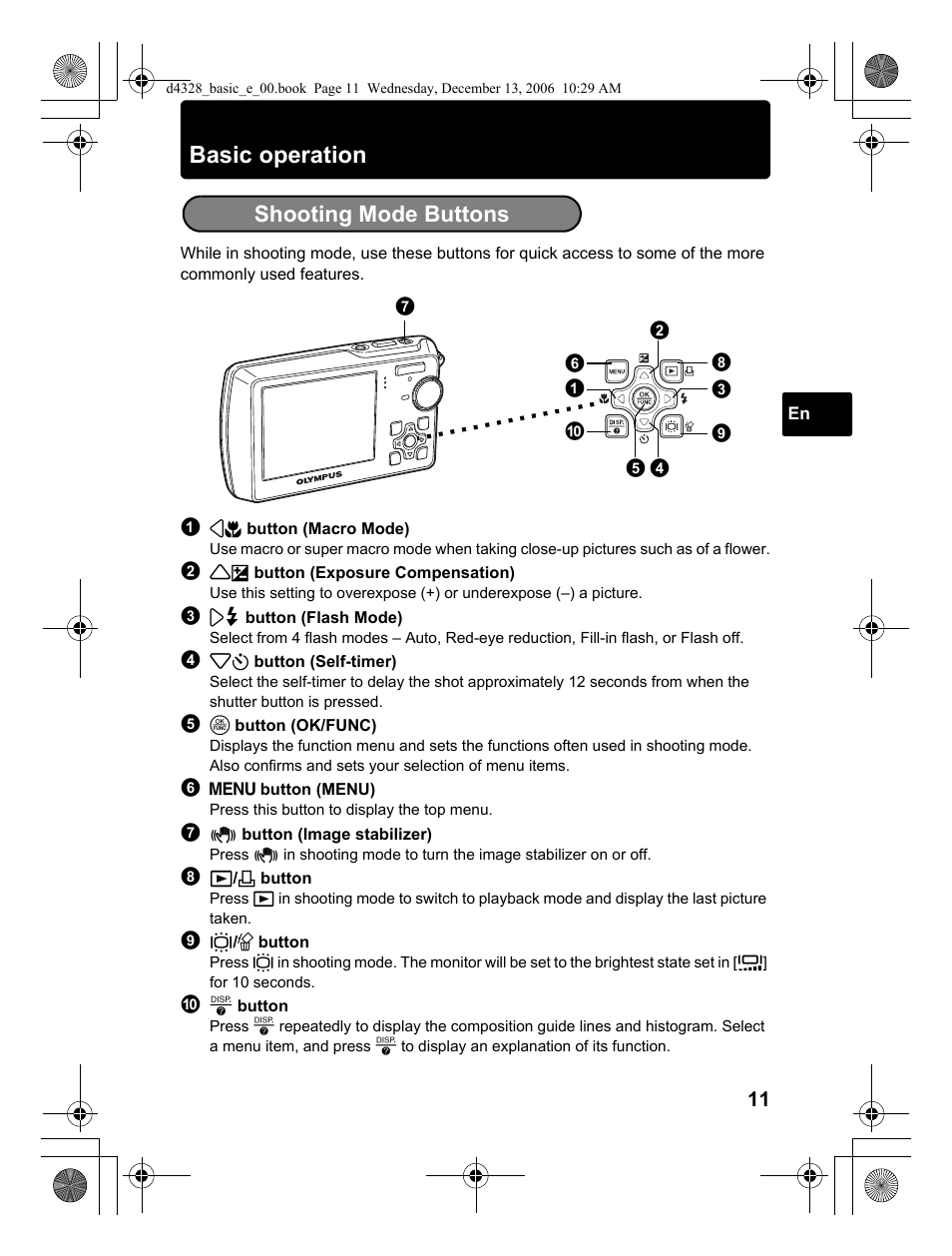 Basic operation, Shooting mode buttons | Olympus µ 760 User Manual | Page 11 / 132
