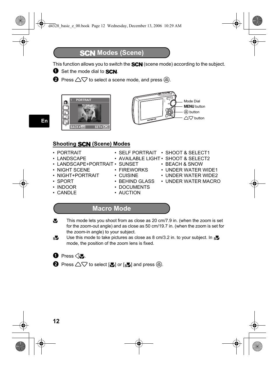 S modes (scene), Macro mode | Olympus µ 760 User Manual | Page 12 / 132